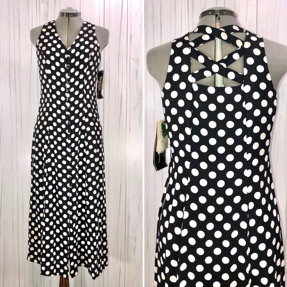NWT Vtg 80s 90s Black White Polka Dot Midi Dress